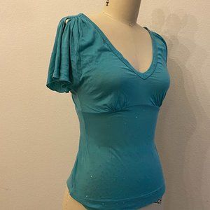 Teal flutter sleeve v neck with embellishments S